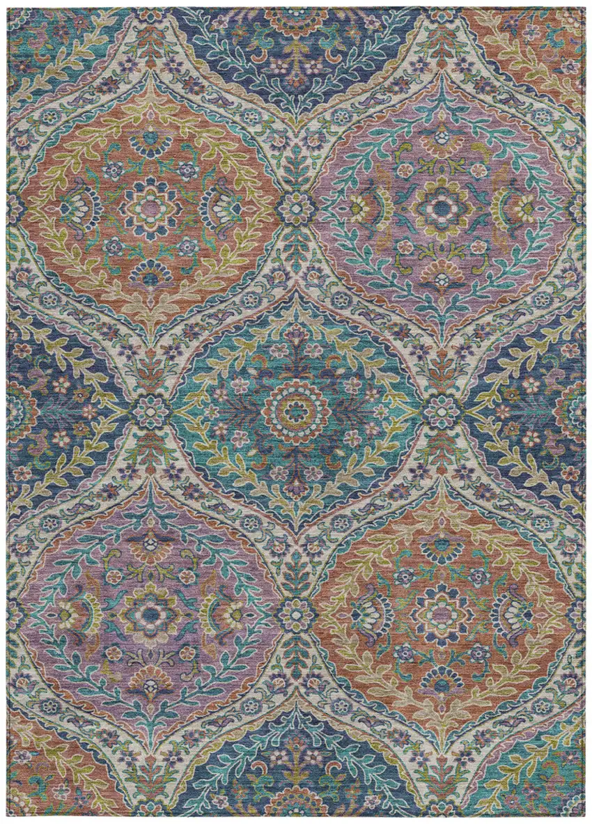 Blue Copper And Gold Floral Washable Indoor Outdoor Area Rug Photo 3