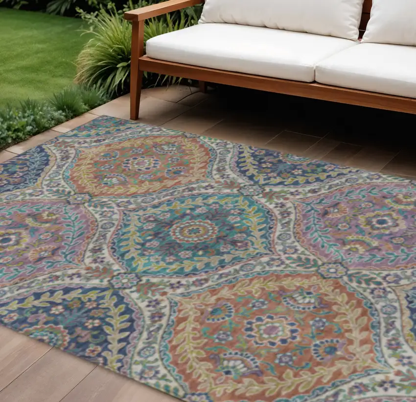 Blue Copper And Gold Floral Washable Indoor Outdoor Area Rug Photo 2