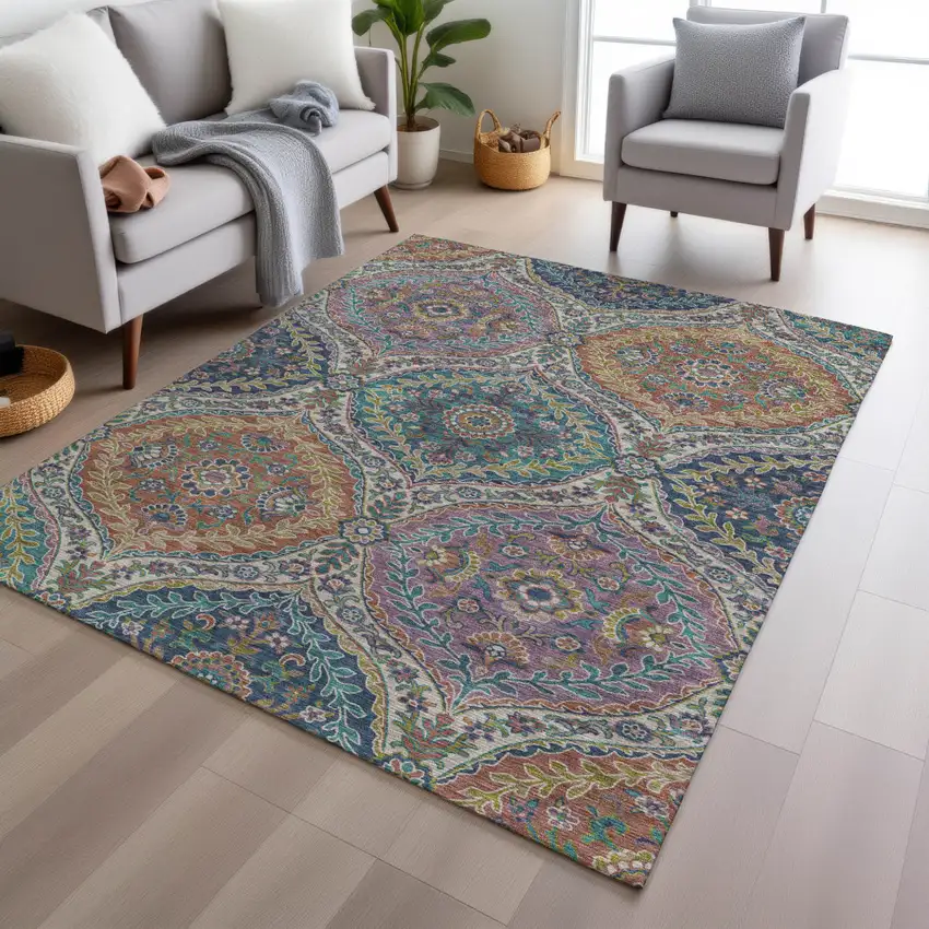 Blue Copper And Gold Floral Washable Indoor Outdoor Area Rug Photo 6