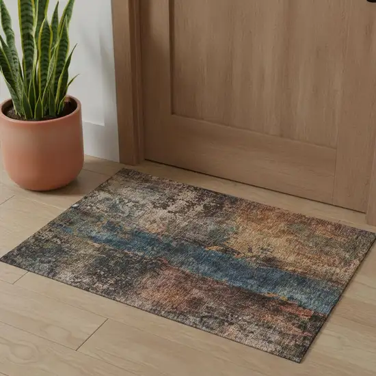 Blue Copper And Gray Abstract Washable Area Rug With UV Protection Photo 1