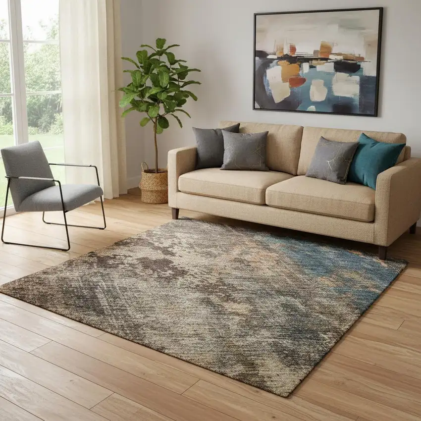 Blue Copper And Gray Abstract Washable Area Rug With UV Protection Photo 2