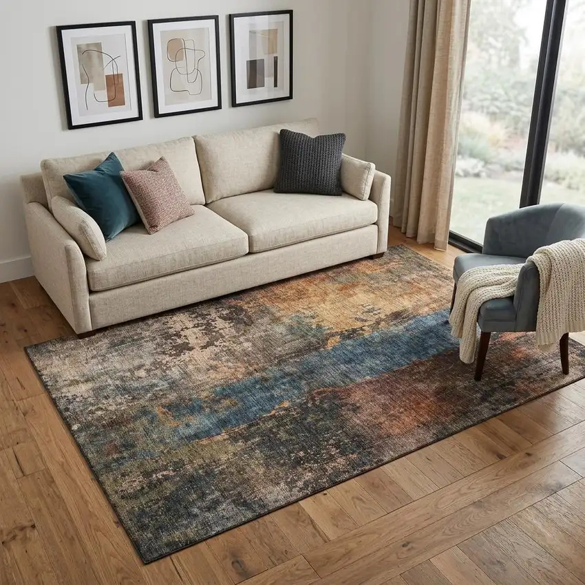 Blue Copper And Gray Abstract Washable Area Rug With UV Protection Photo 1