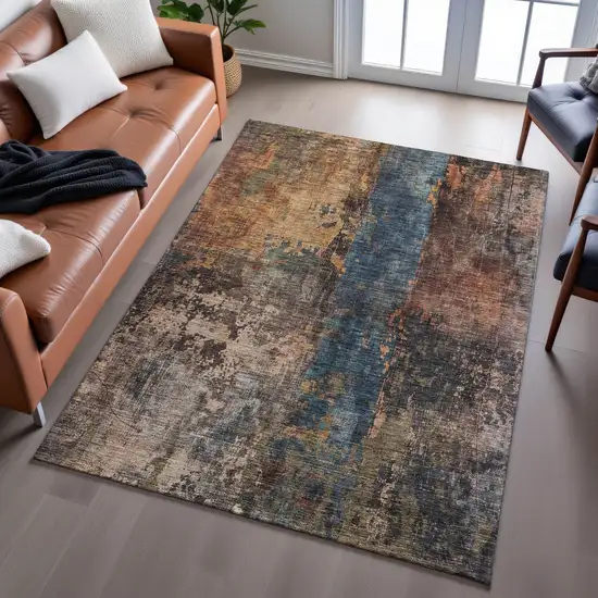 Blue Copper And Gray Abstract Washable Area Rug With UV Protection Photo 5