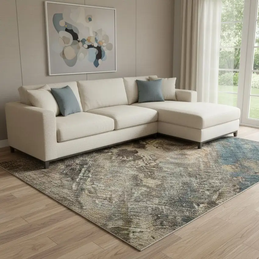 Blue Copper And Gray Abstract Washable Area Rug With UV Protection Photo 1