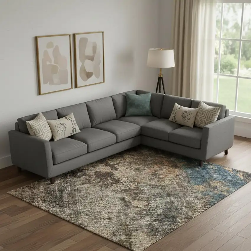 Blue Copper And Gray Abstract Washable Area Rug With UV Protection Photo 2