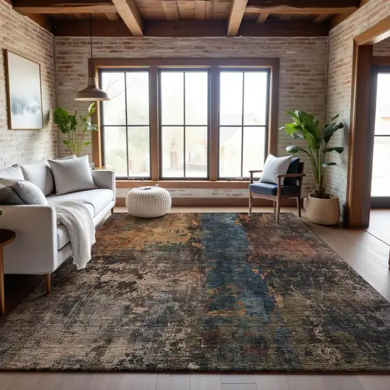 Blue Copper And Gray Abstract Washable Area Rug With UV Protection Photo 4