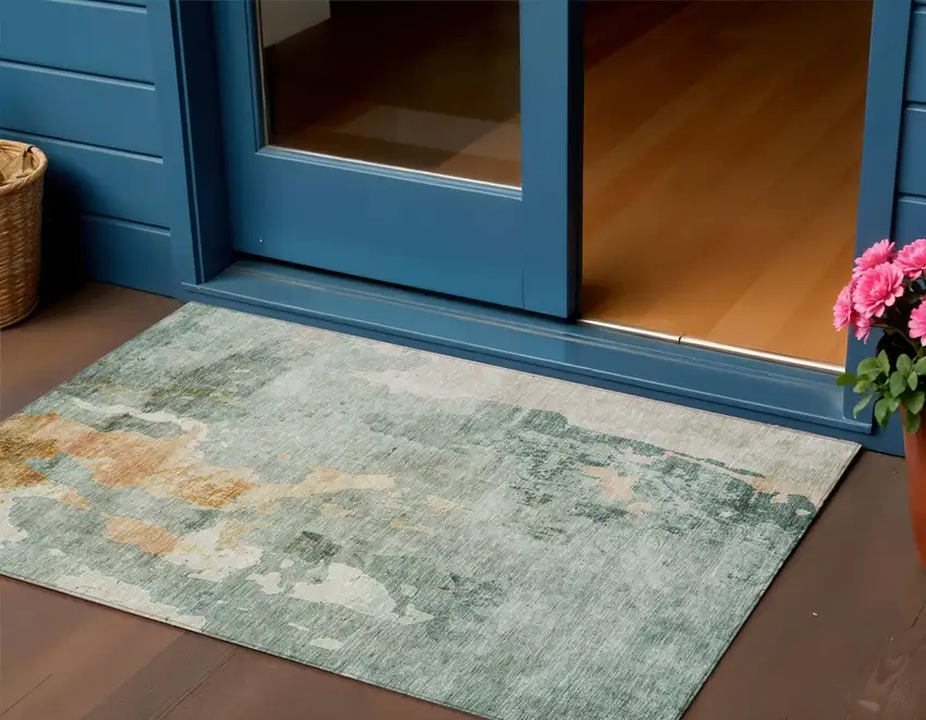 Blue Copper And Gray Abstract Washable Indoor Outdoor Area Rug Photo 1