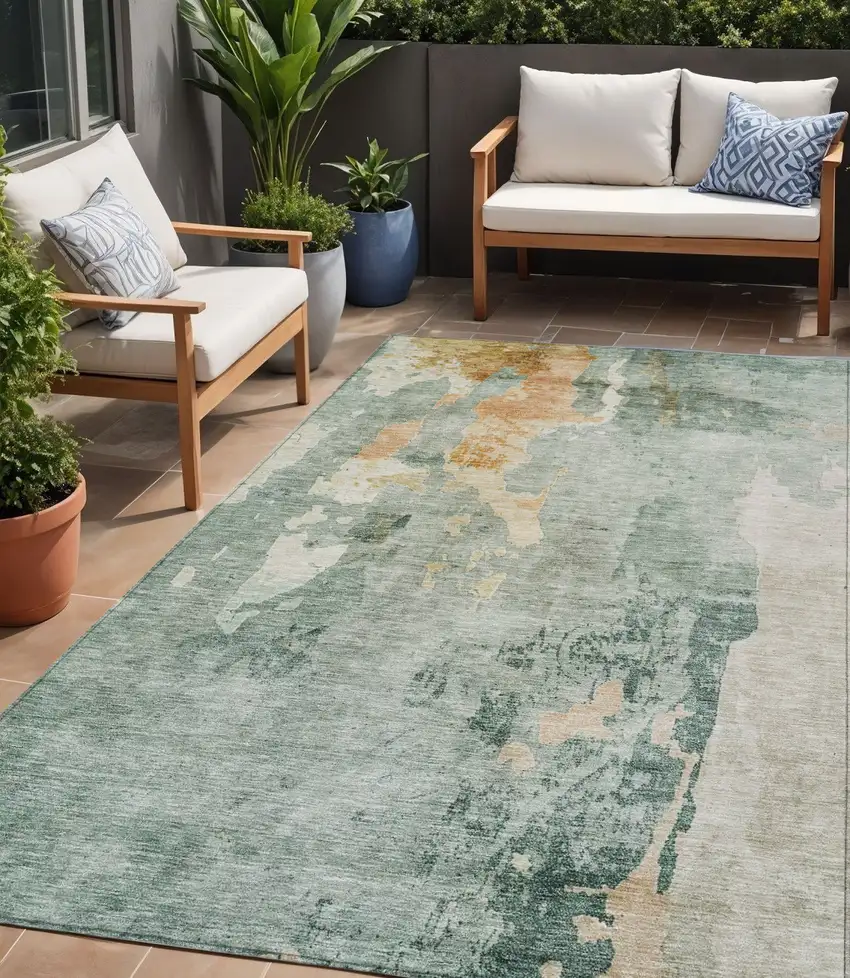 Blue Copper And Gray Abstract Washable Indoor Outdoor Area Rug Photo 1