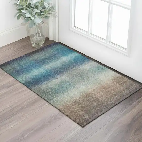 Blue Copper And Gray Striped Washable Area Rug With UV Protection Photo 2