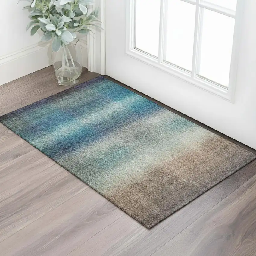 Blue Copper And Gray Striped Washable Area Rug With UV Protection Photo 2