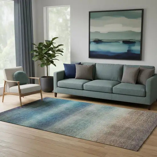 Blue Copper And Gray Striped Washable Area Rug With UV Protection Photo 2