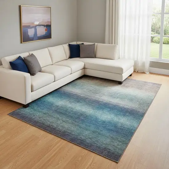 Blue Copper And Gray Striped Washable Area Rug With UV Protection Photo 2