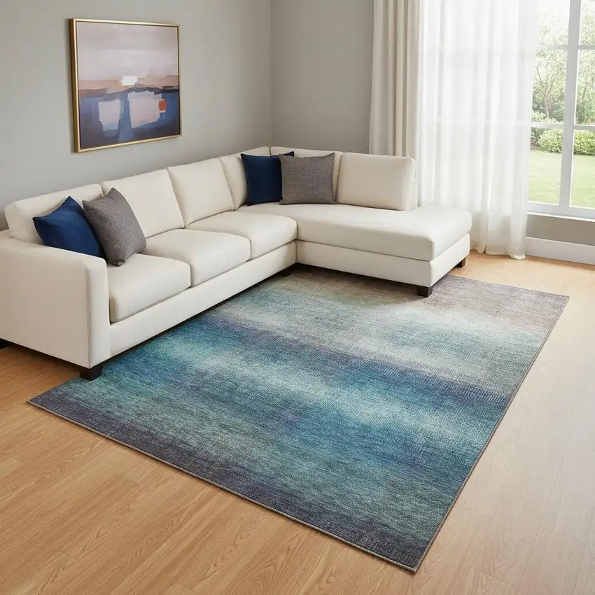 Blue Copper And Gray Striped Washable Area Rug With UV Protection Photo 2