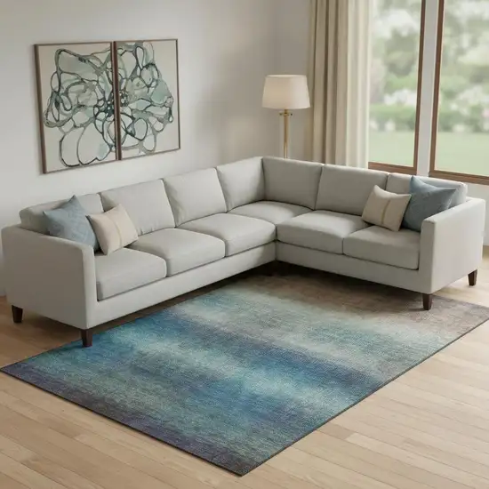 Blue Copper And Gray Striped Washable Area Rug With UV Protection Photo 2