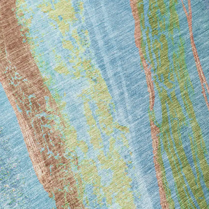 Blue Copper And Green Abstract Washable Indoor Outdoor Area Rug Photo 6