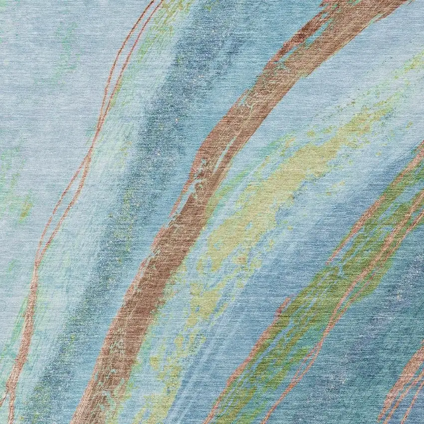 Blue Copper And Green Abstract Washable Indoor Outdoor Area Rug Photo 7