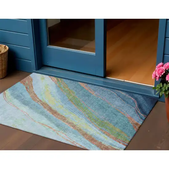 Blue Copper And Green Abstract Washable Indoor Outdoor Area Rug Photo 2