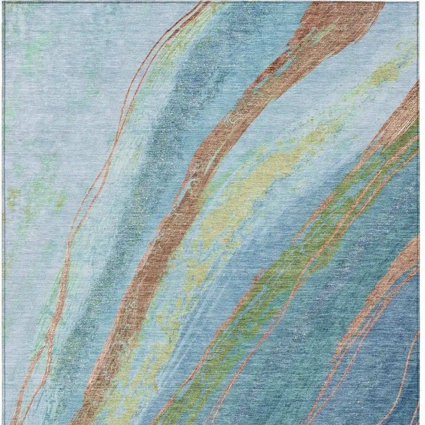 Blue Copper And Green Abstract Washable Indoor Outdoor Area Rug Photo 8
