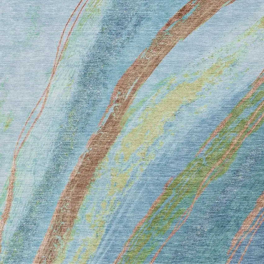 Blue Copper And Green Abstract Washable Indoor Outdoor Area Rug Photo 8