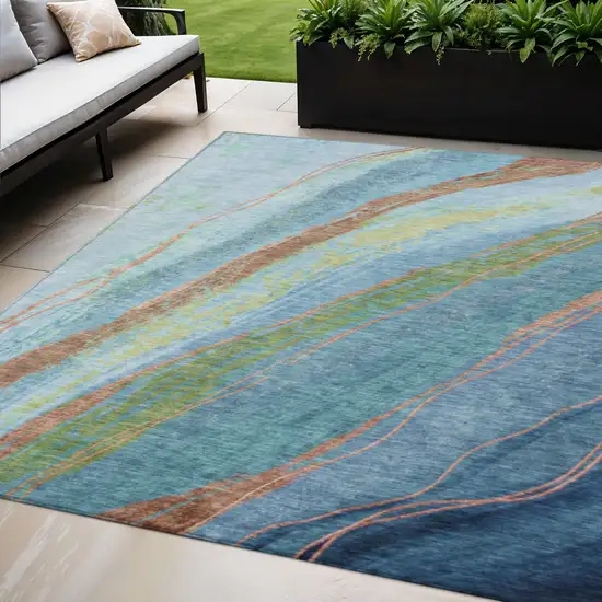Blue Copper And Green Abstract Washable Indoor Outdoor Area Rug Photo 2