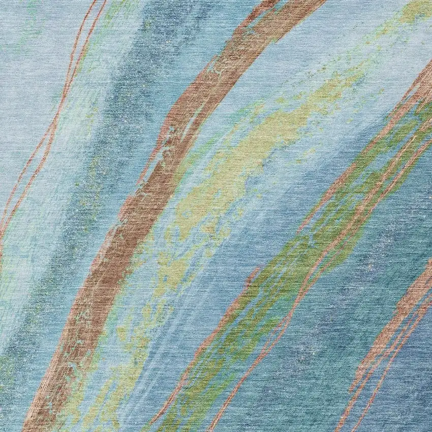 Blue Copper And Green Abstract Washable Indoor Outdoor Area Rug Photo 3