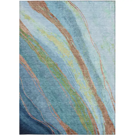 Blue Copper And Green Abstract Washable Indoor Outdoor Area Rug Photo 3
