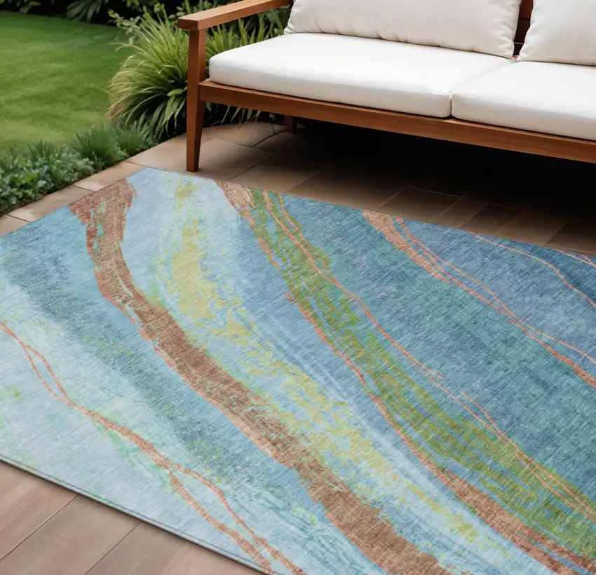 Blue Copper And Green Abstract Washable Indoor Outdoor Area Rug Photo 2