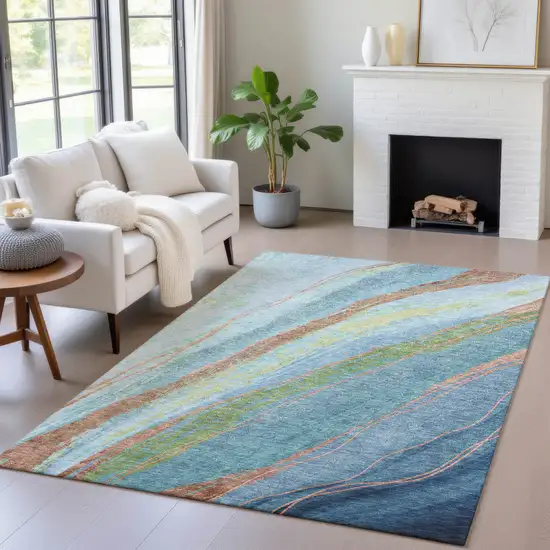 Blue Copper And Green Abstract Washable Indoor Outdoor Area Rug Photo 5