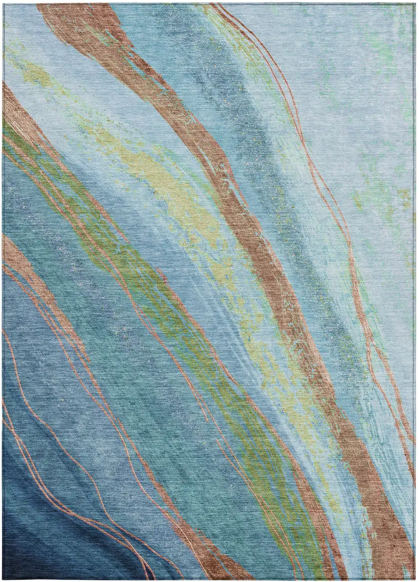Blue Copper And Green Abstract Washable Indoor Outdoor Area Rug Photo 1