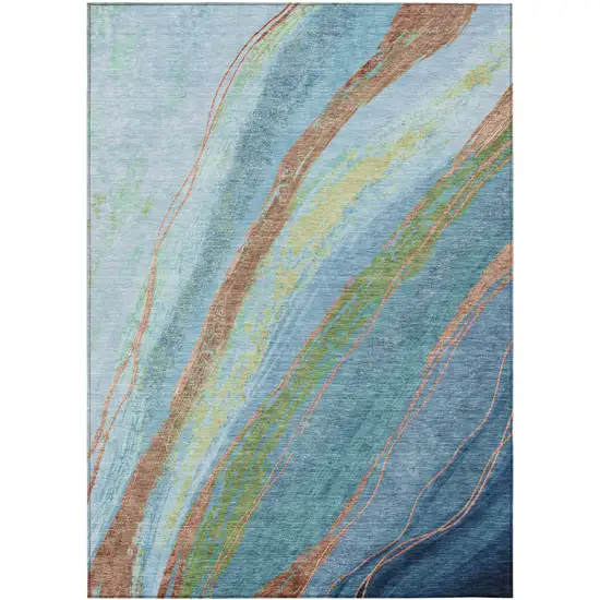 Blue Copper And Green Abstract Washable Indoor Outdoor Area Rug Photo 8