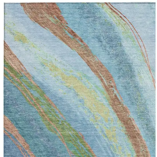 Blue Copper And Green Abstract Washable Indoor Outdoor Area Rug Photo 3