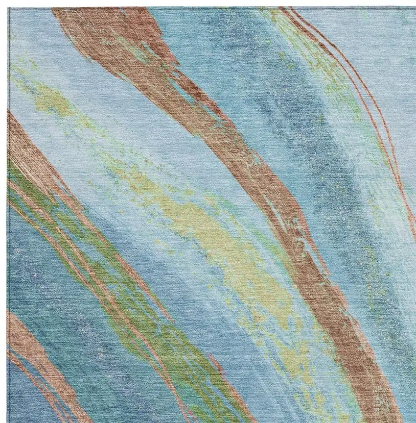 Blue Copper And Green Abstract Washable Indoor Outdoor Area Rug Photo 3