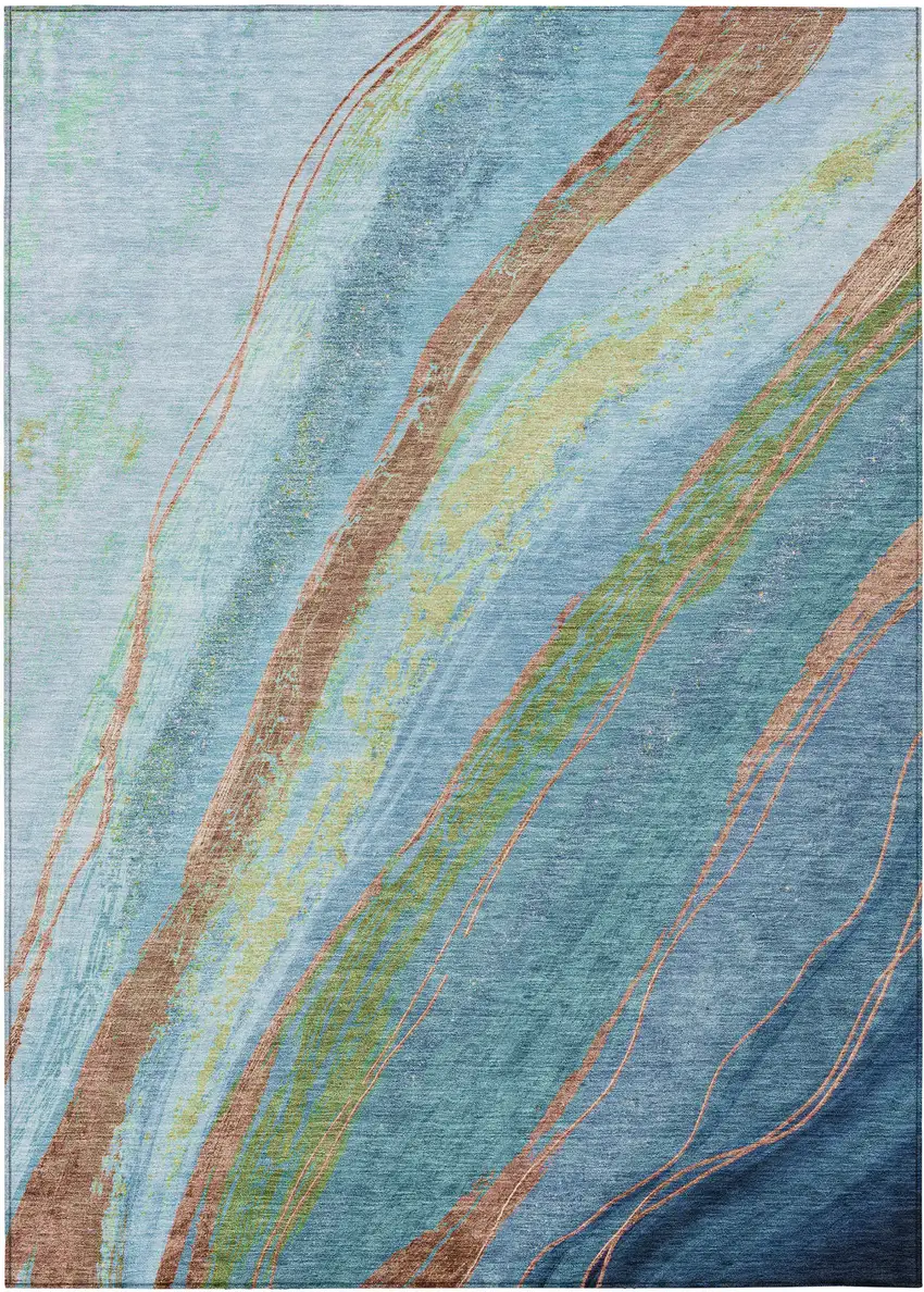Blue Copper And Green Abstract Washable Indoor Outdoor Area Rug Photo 1