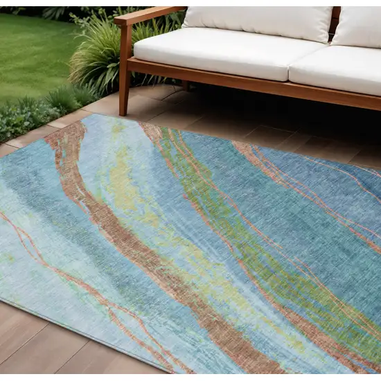 Blue Copper And Green Abstract Washable Indoor Outdoor Area Rug Photo 2