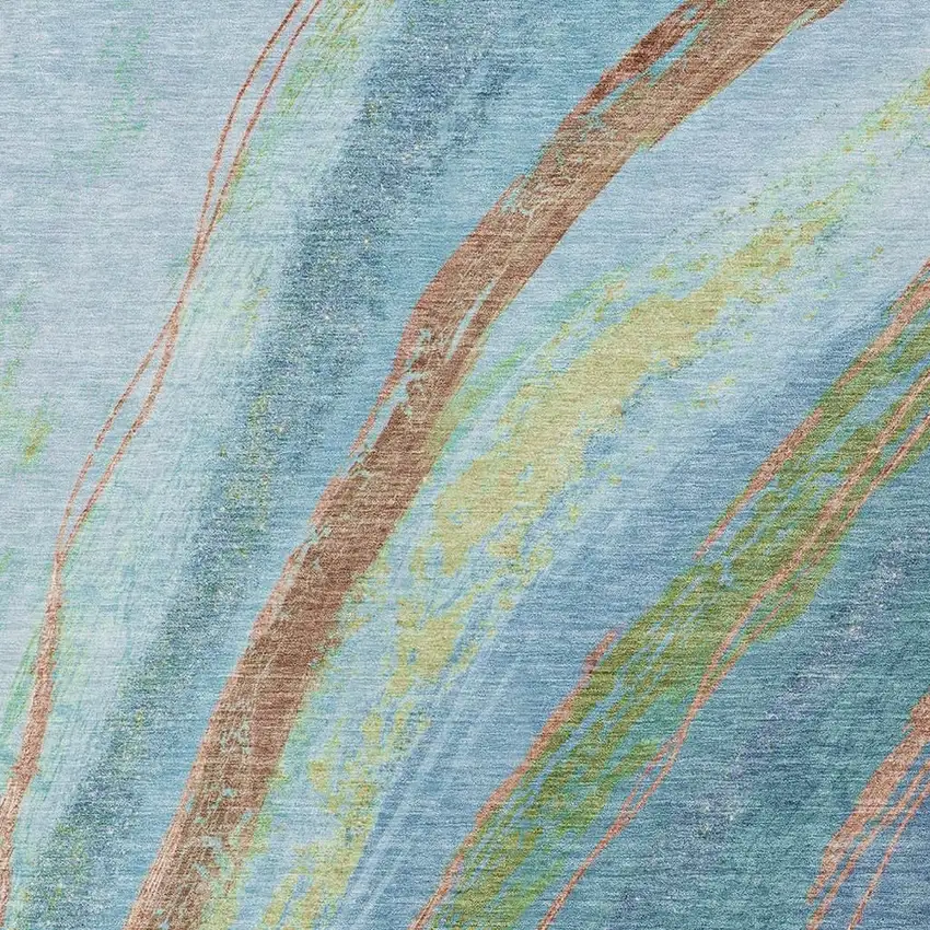 Blue Copper And Green Abstract Washable Indoor Outdoor Area Rug Photo 8