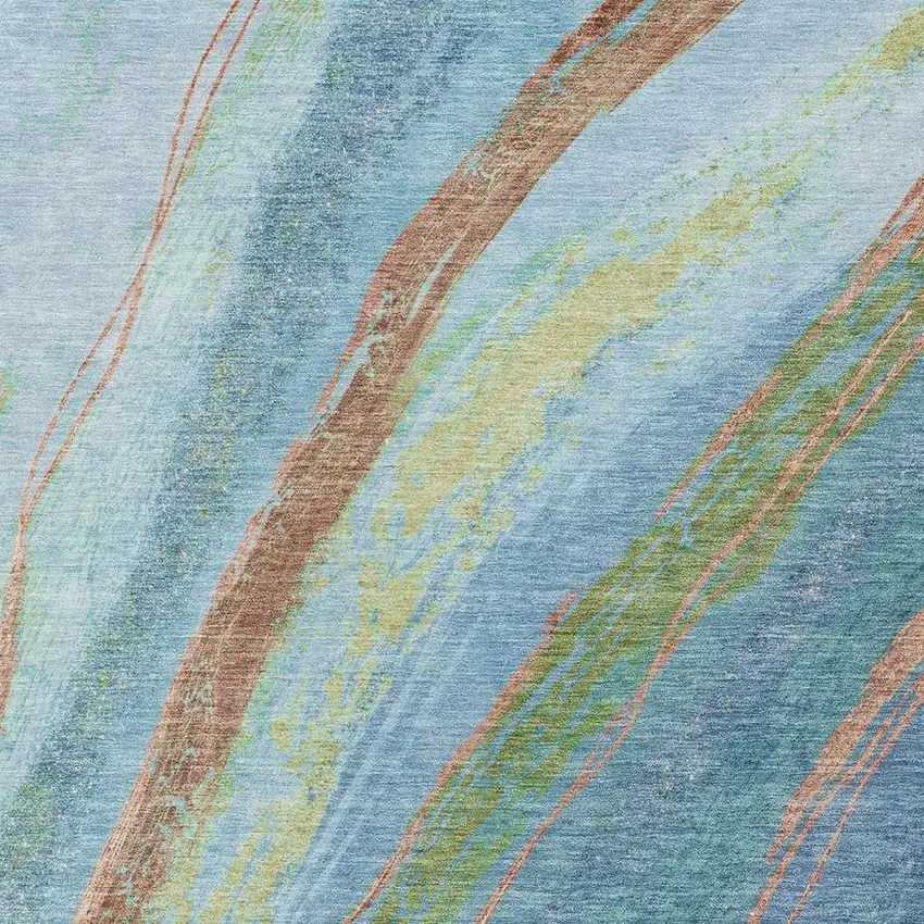 Blue Copper And Green Abstract Washable Indoor Outdoor Area Rug Photo 3
