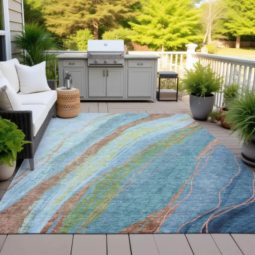 Blue Copper And Green Abstract Washable Indoor Outdoor Area Rug Photo 5