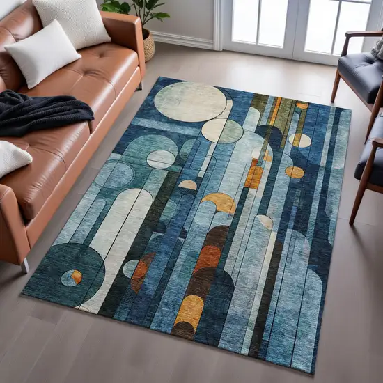 Blue Copper And Ivory Geometric Washable Area Rug With UV Protection Photo 5