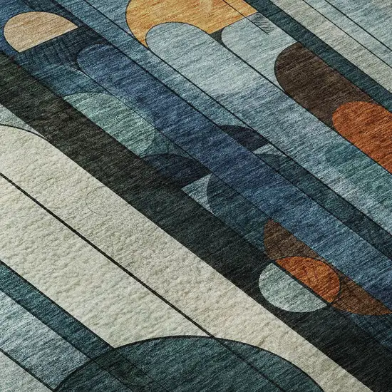 Blue Copper And Ivory Geometric Washable Area Rug With UV Protection Photo 9