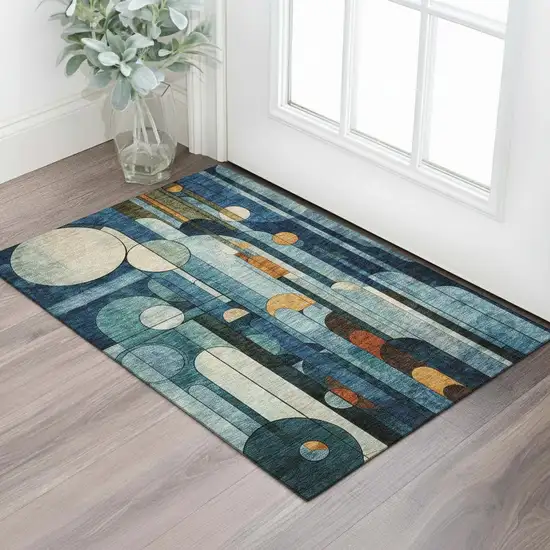 Blue Copper And Ivory Geometric Washable Area Rug With UV Protection Photo 2