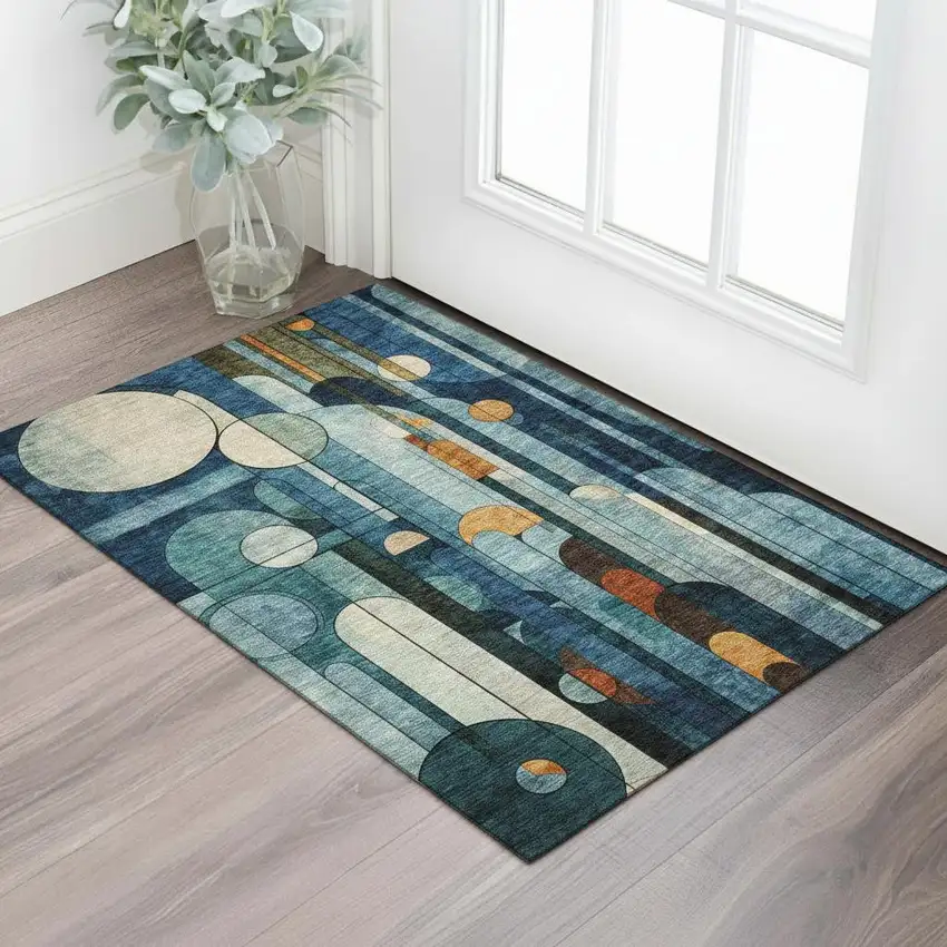 Blue Copper And Ivory Geometric Washable Area Rug With UV Protection Photo 2