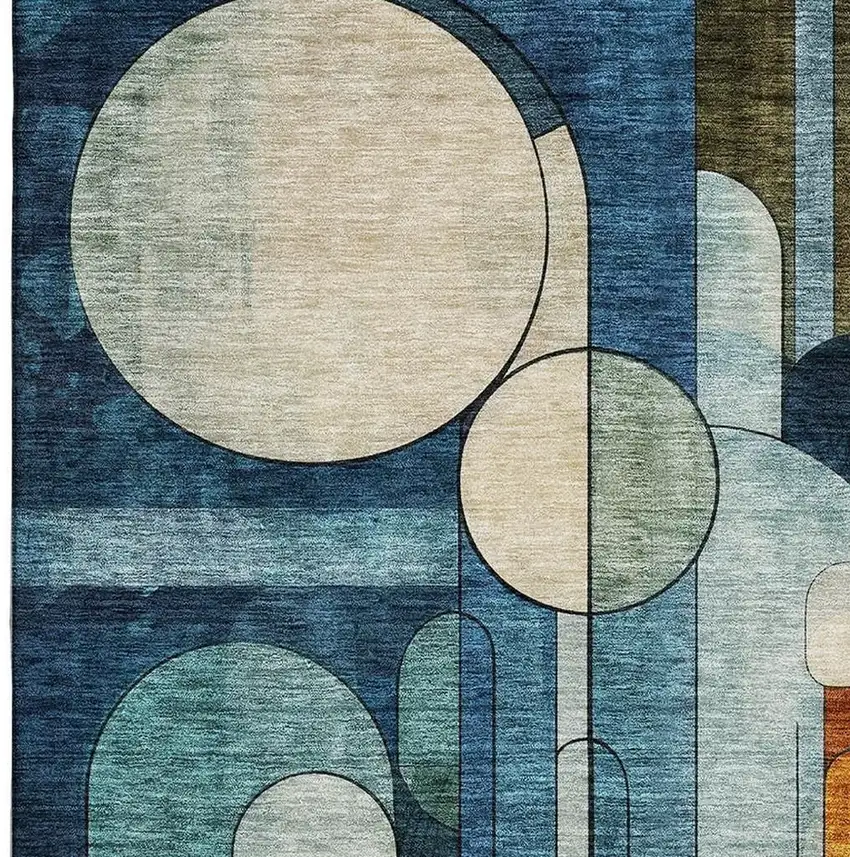 Blue Copper And Ivory Geometric Washable Area Rug With UV Protection Photo 2