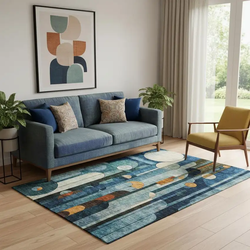 Blue Copper And Ivory Geometric Washable Area Rug With UV Protection Photo 2