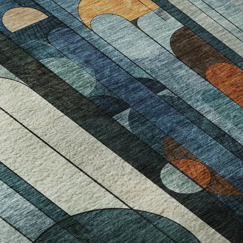 Blue Copper And Ivory Geometric Washable Area Rug With UV Protection Photo 9