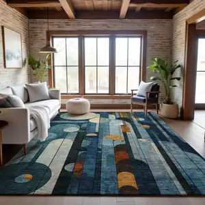Photo of Blue Copper And Ivory Geometric Washable Area Rug With UV Protection