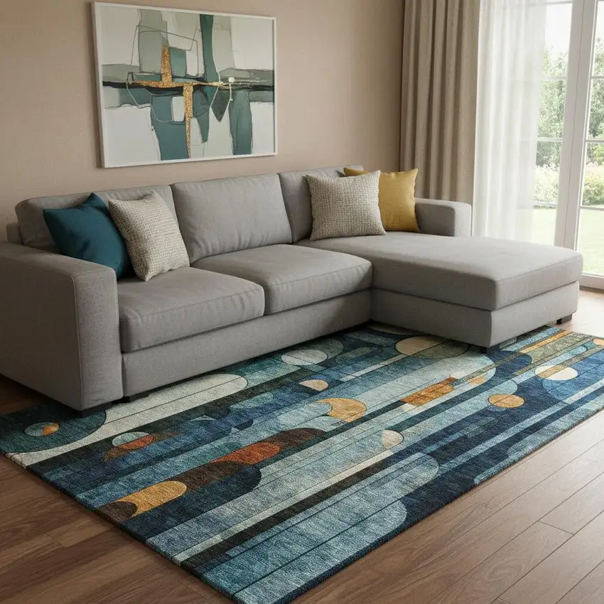 Blue Copper And Ivory Geometric Washable Area Rug With UV Protection Photo 2
