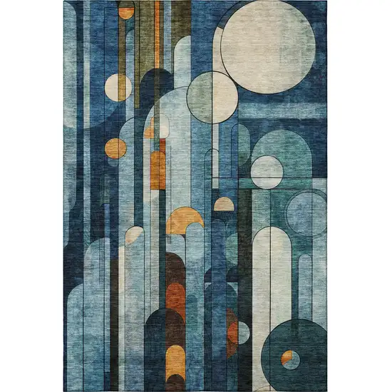 Blue Copper And Ivory Geometric Washable Area Rug With UV Protection Photo 2