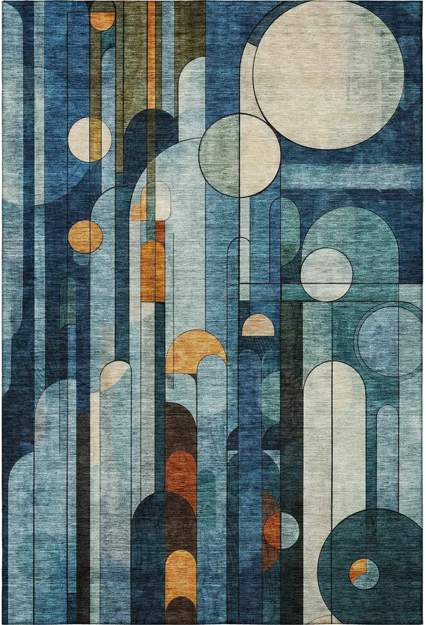 Blue Copper And Ivory Geometric Washable Area Rug With UV Protection Photo 2