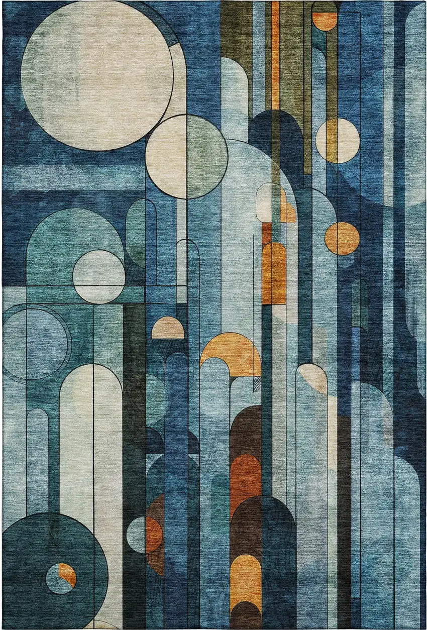 Blue Copper And Ivory Geometric Washable Area Rug With UV Protection Photo 1