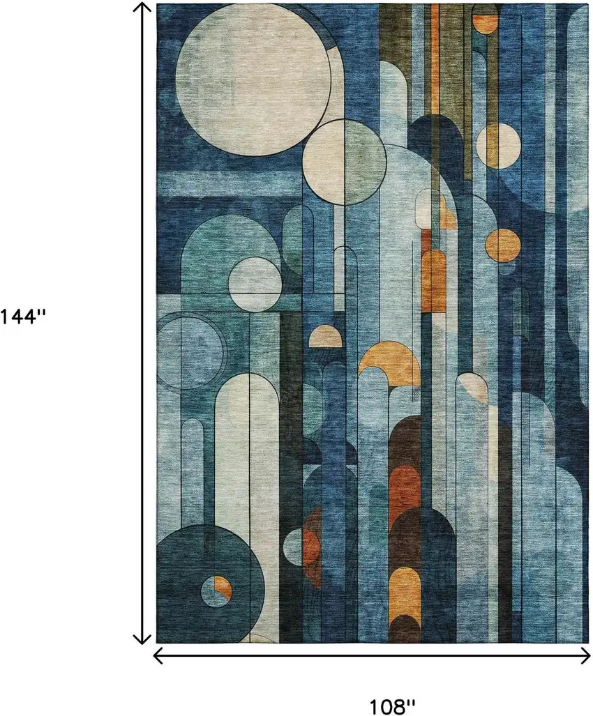 Blue Copper And Ivory Geometric Washable Area Rug With UV Protection Photo 9